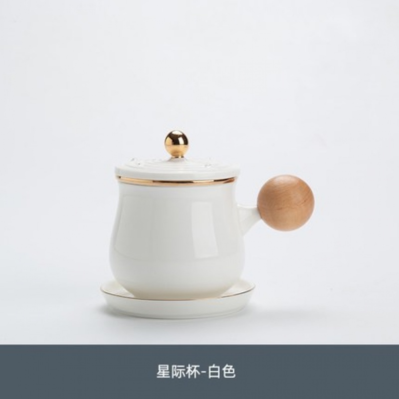 新功茶馆 星际杯-影青（竹杯垫）办公杯杯碟套装个人陶瓷拉花下午茶杯子