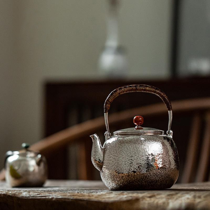新功茶馆  宝珠锤坑壶-飞星雨露中式银壶纯银烧水壶手工锤纹煮茶器食品级