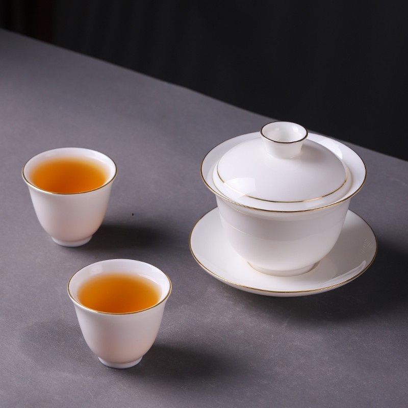 新功茶馆  景德镇骨瓷三才盖碗茶杯白色陶瓷单个茶碗带盖金边茶具
