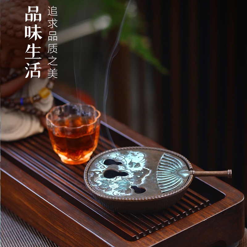 新功茶馆 葫芦藤团扇盘香炉合金仿古日式铸铁檀香沉香炉