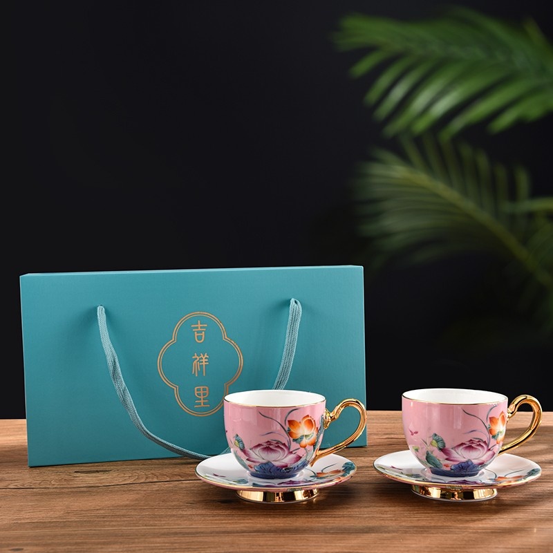 新功茶馆 手绘荷花欧式奢华精致下午茶咖啡杯茶具礼盒套装2杯2碟
