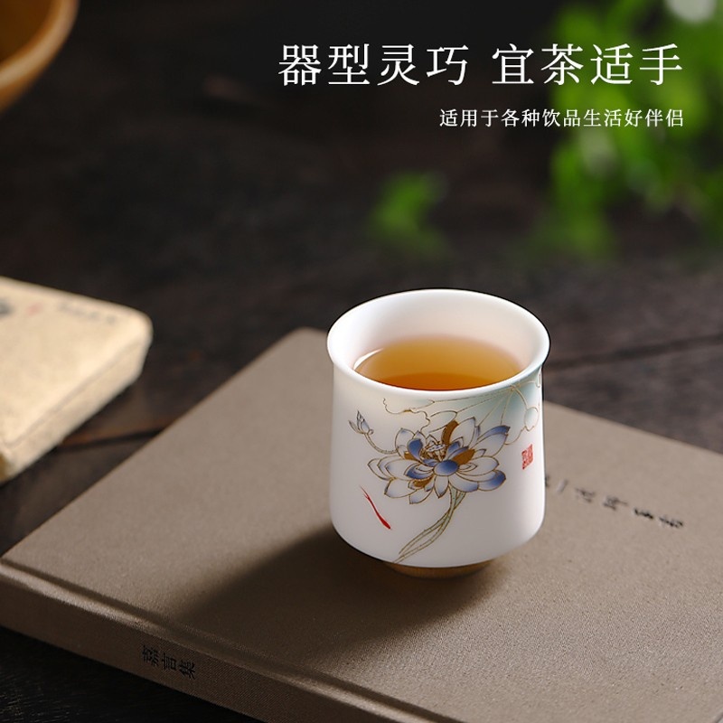 新功茶馆 中式手绘荷花主人杯德化羊脂玉白瓷品茗杯茶杯