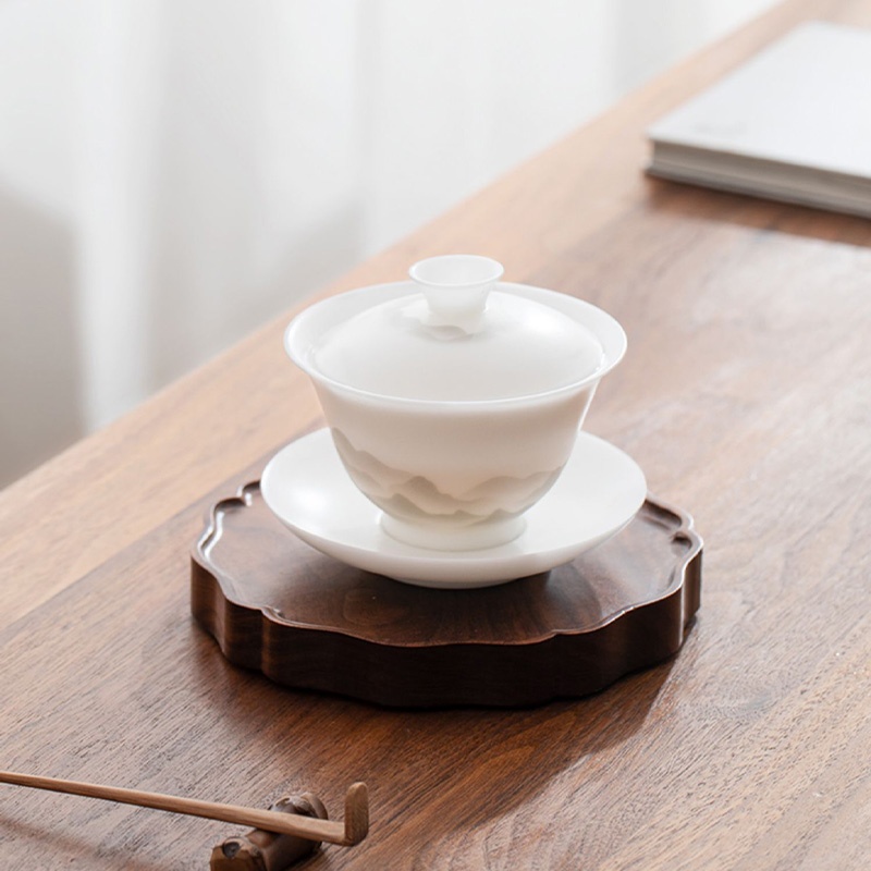 新功茶馆  冰种玉瓷水墨山水三才盖碗单个家用陶瓷大号泡茶碗