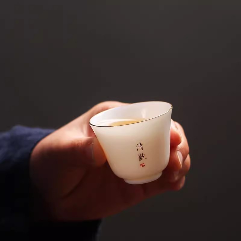 新功茶馆 甜白釉心境杯打金陶瓷品茗杯套组6个