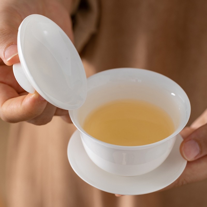 新功茶馆 潮汕泡茶骨瓷超薄胎白瓷三才小盖碗茶杯