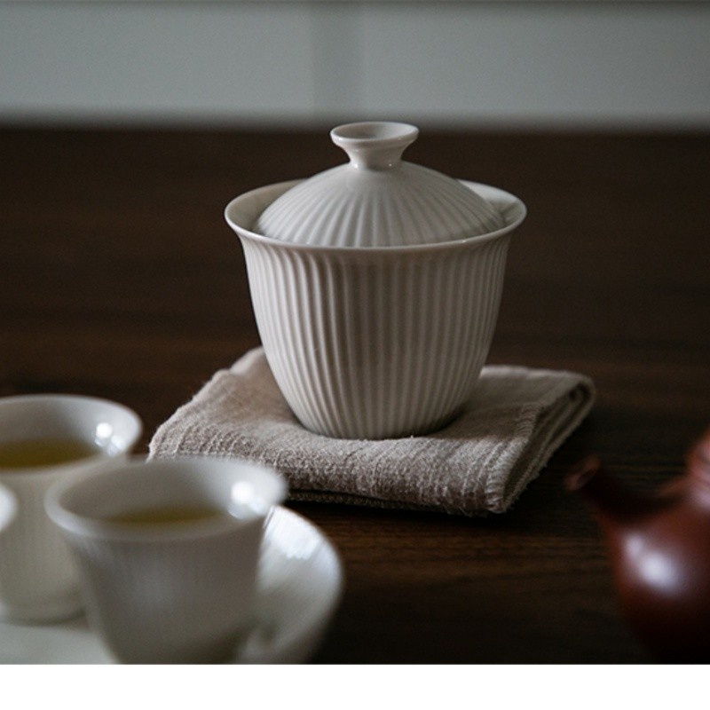 新功茶馆 归宗盖碗草木灰竖纹手工盖碗景德镇陶瓷茶具茶碗