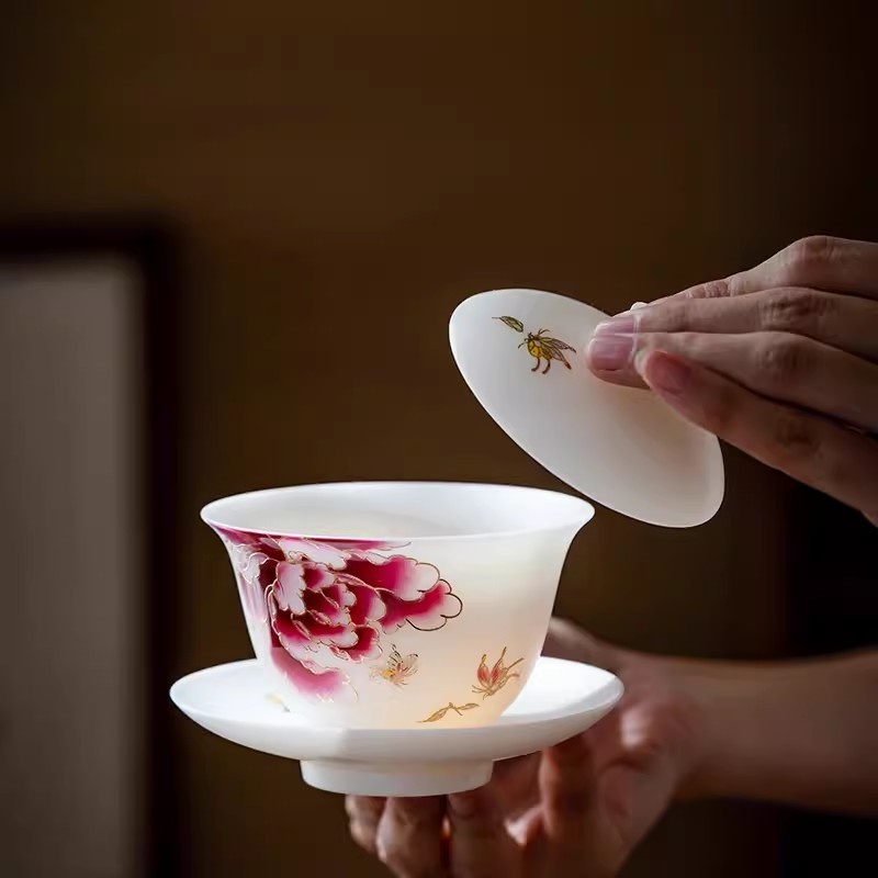 新功茶馆 金牡丹羊脂玉茶具组合掐金丝手绘功夫白瓷套装