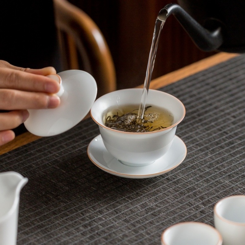 新功茶馆 甜白瓷盖碗功夫茶具套装中式陶瓷办公室会客泡茶器