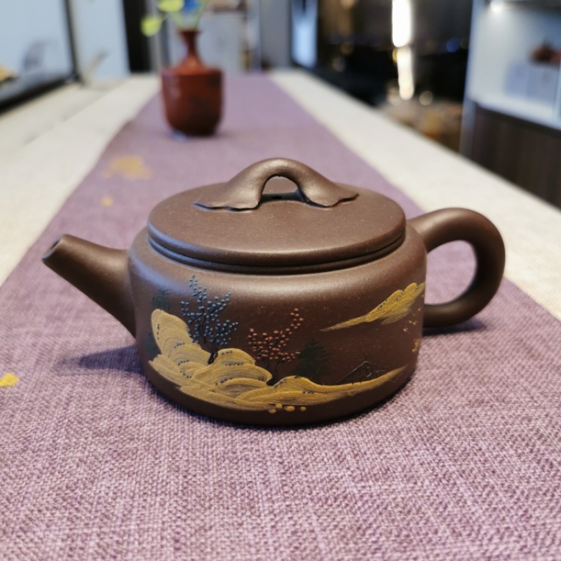 新功茶馆 泥绘大口如意（紫泥）紫砂壶泡茶壶大容量