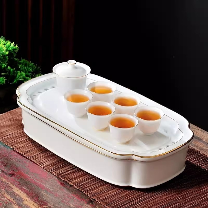 新功茶馆 14寸方正茶盘金边轻奢羊脂玉瓷长方茶盘茶具套装创意茶盘
