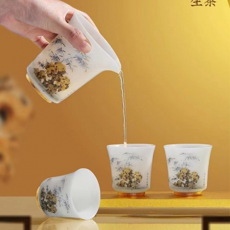新功茶馆 金石富竹冰种羊脂玉玉瓷茶具套装10头轻奢泡茶具