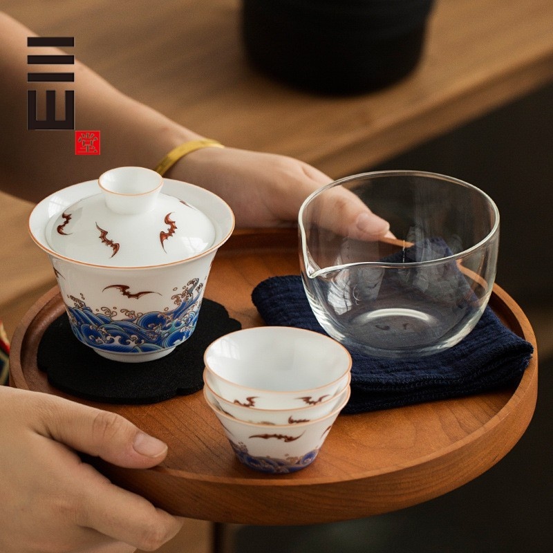 新功茶馆 旅行茶具（海浪）便携式陶瓷快客杯一壶三杯泡茶壶玻璃旅行功夫茶具小套