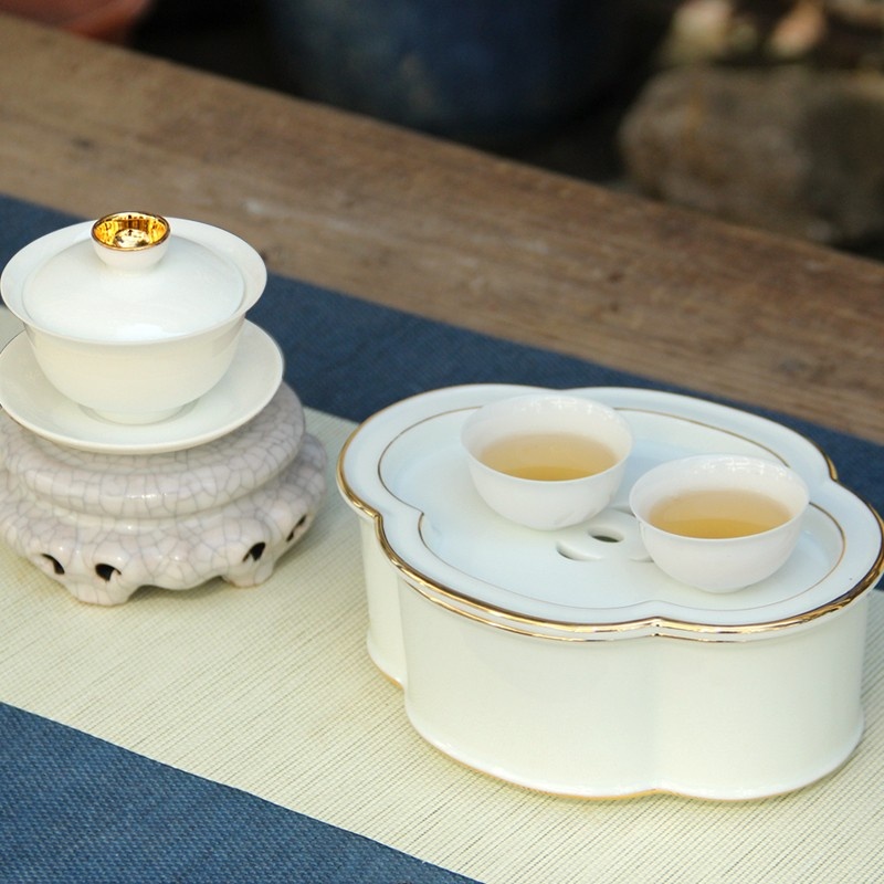 新功茶馆 羊脂玉描金旅行茶具（白）玻璃便携式旅行功夫茶具小套装随身泡茶杯