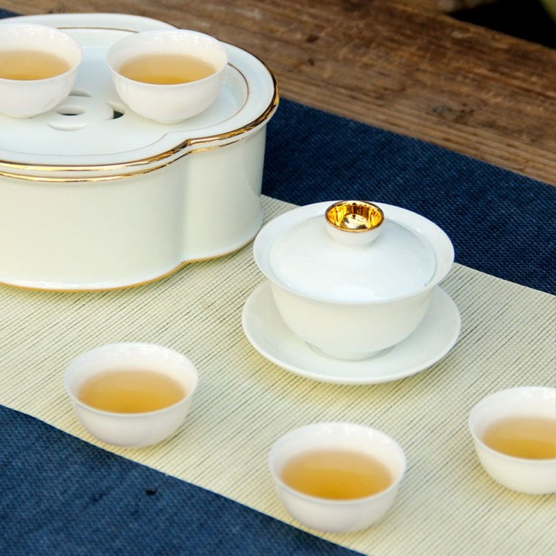 新功茶馆 羊脂玉描金旅行茶具（白）玻璃便携式旅行功夫茶具小套装随身泡茶杯