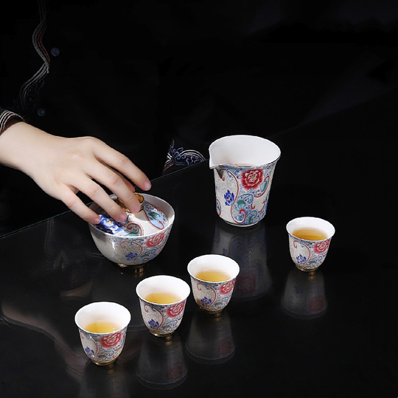 新功茶馆 掐丝银玉兰杯套组 家用办公整套陶瓷茶壶功夫茶杯茶具伴手礼敬茶