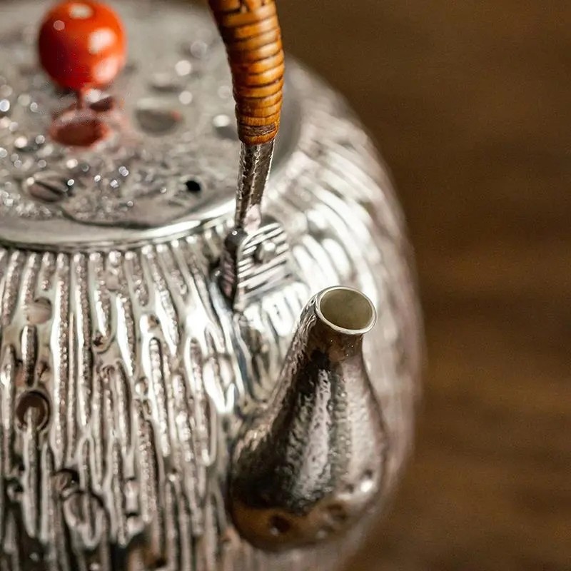 新功茶馆  宝珠锤坑壶-飞星雨露中式银壶纯银烧水壶手工锤纹煮茶器食品级
