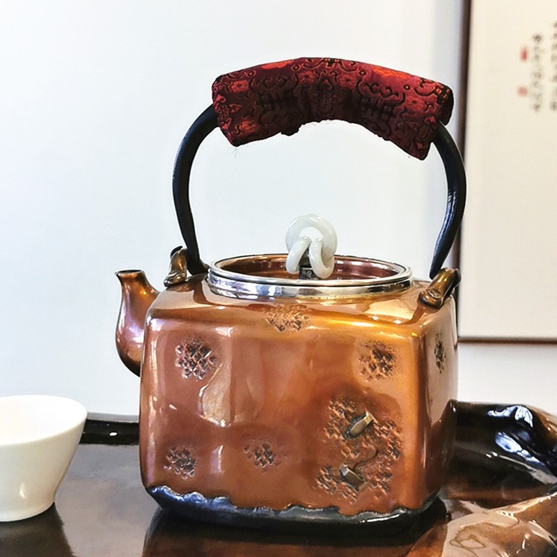 新功茶馆 YJY-铜包银壶04烧水壶手工一张打铜包银壶大容量家用烧水壶茶具