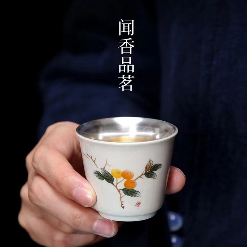 新功茶馆  草木灰（鎏银）小茶杯单只陶瓷日式功夫茶主人杯复古品茗杯