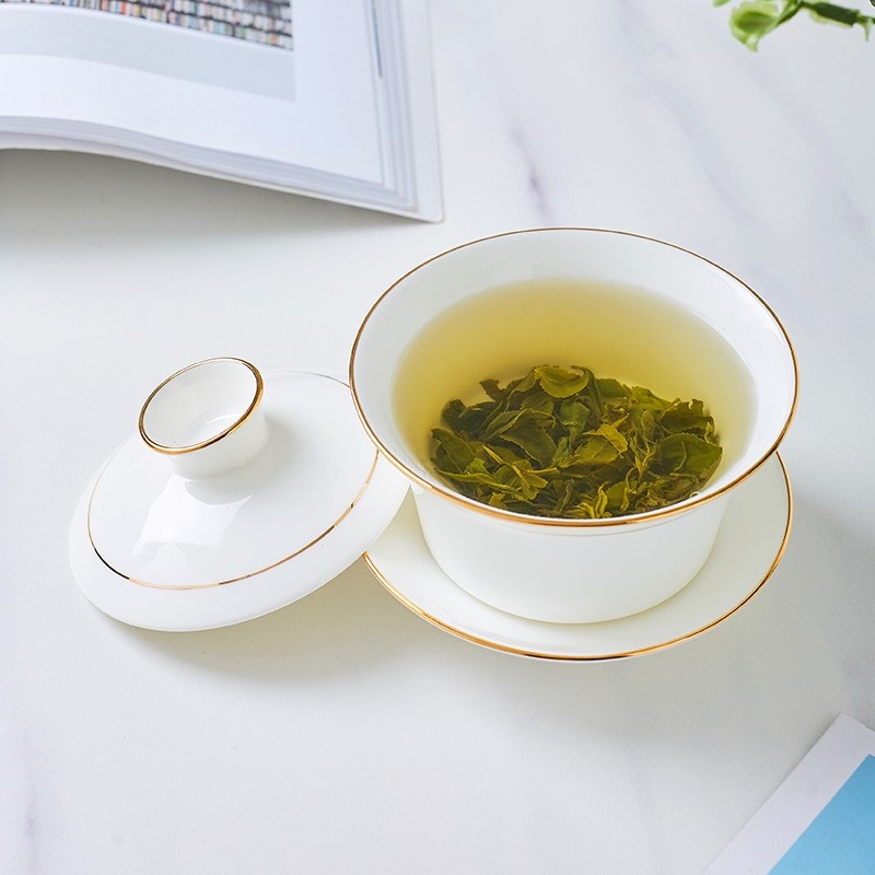 新功茶馆  景德镇骨瓷三才盖碗茶杯白色陶瓷单个茶碗带盖金边茶具