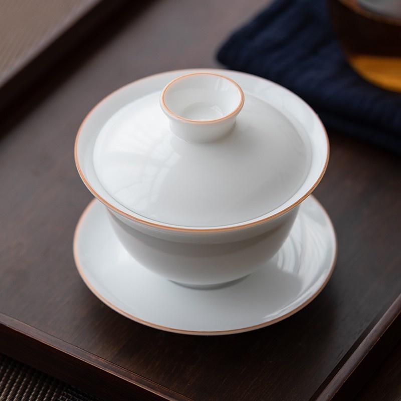 新功茶馆 羊脂玉甜白如意盖碗陶瓷泡茶碗白瓷功夫茶具三才敬茶碗