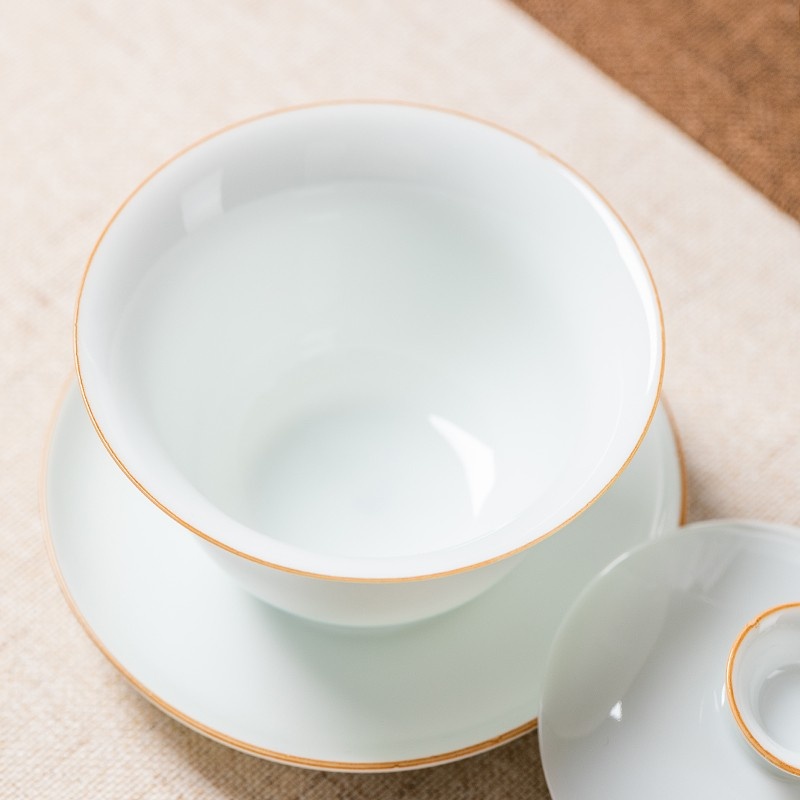 新功茶馆 羊脂玉甜白如意盖碗陶瓷泡茶碗白瓷功夫茶具三才敬茶碗