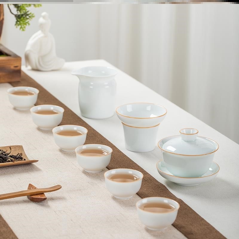 新功茶馆 甜白玉瓷如意套组盖碗功夫茶茶具茶盘整套家用简约