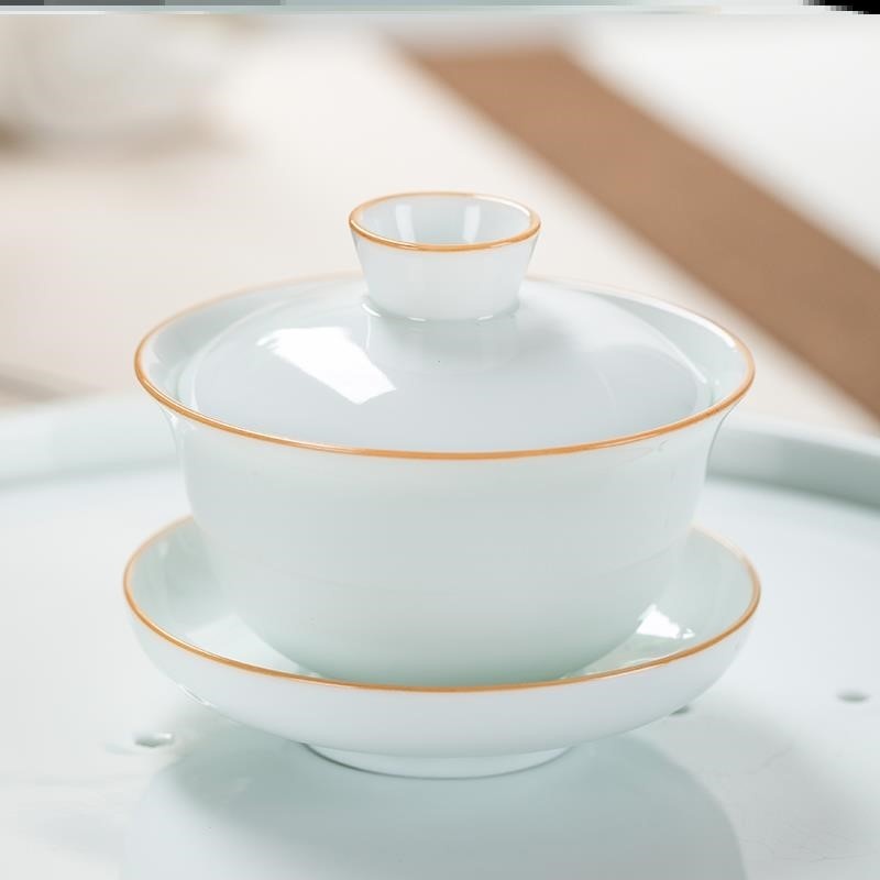 新功茶馆 甜白玉瓷如意套组盖碗功夫茶茶具茶盘整套家用简约