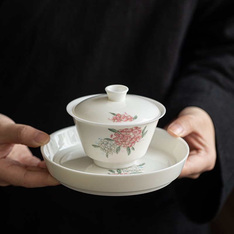 新功茶馆 玉泥瓷绣球花套组轻奢会客高档白瓷盖碗茶杯礼品