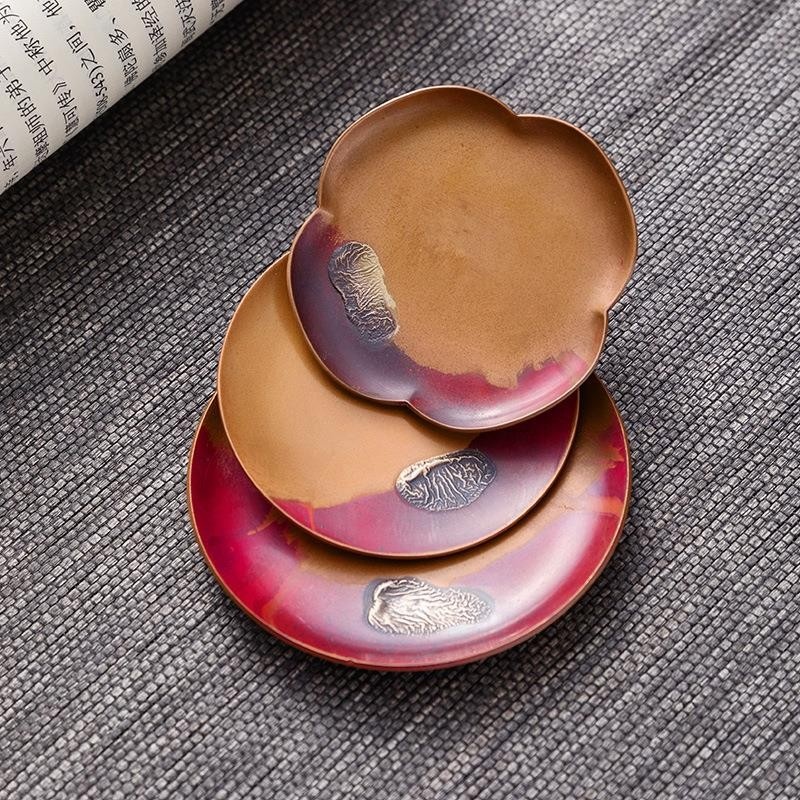新功茶馆 手工鎏银仿古紫铜杯垫（小梅花）茶托家用茶垫隔热杯托 