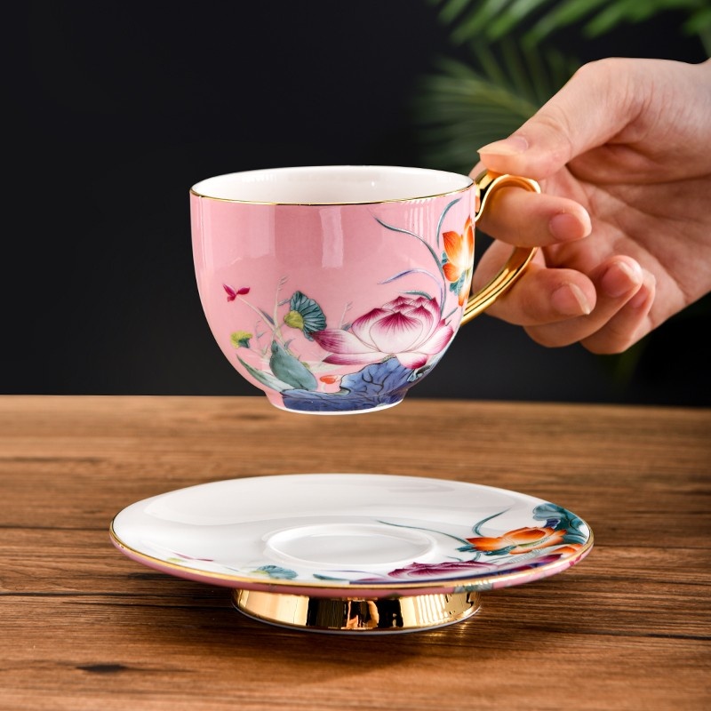 新功茶馆 手绘荷花欧式奢华精致下午茶咖啡杯茶具礼盒套装2杯2碟