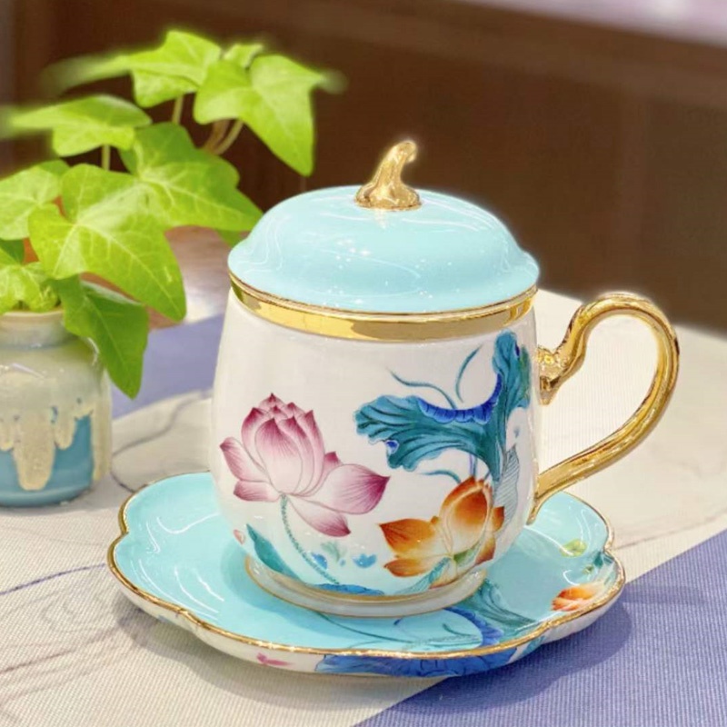 新功茶馆 创意南瓜造型茶漏杯轻奢家用办公室过滤骨瓷茶水杯礼盒装