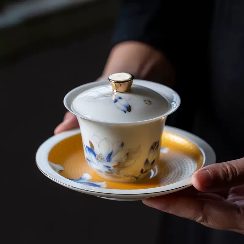 新功茶馆 蕙质金兰白瓷羊脂玉功夫茶具家用客厅茶具套装中式