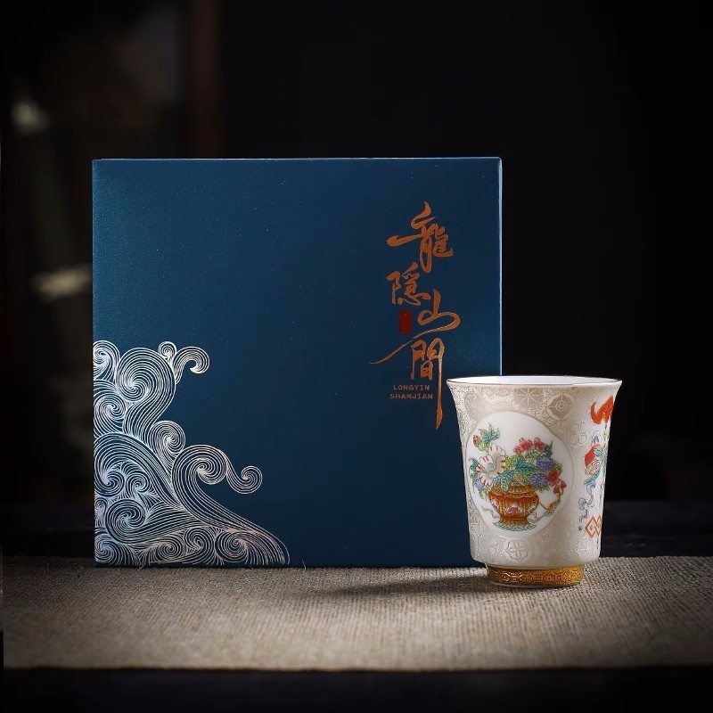 新功茶馆 宫庭复古掐丝银陶瓷主人杯珐琅彩中式功夫茶杯