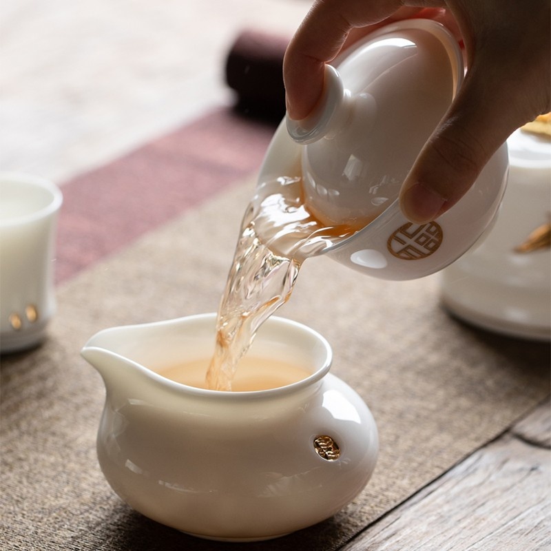 新功茶馆 羊脂玉功夫茶具13头唐月窑盖碗茶杯套装德化白瓷