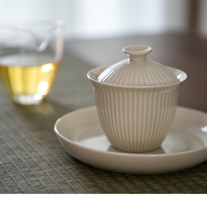 新功茶馆 归宗盖碗草木灰竖纹手工盖碗景德镇陶瓷茶具茶碗