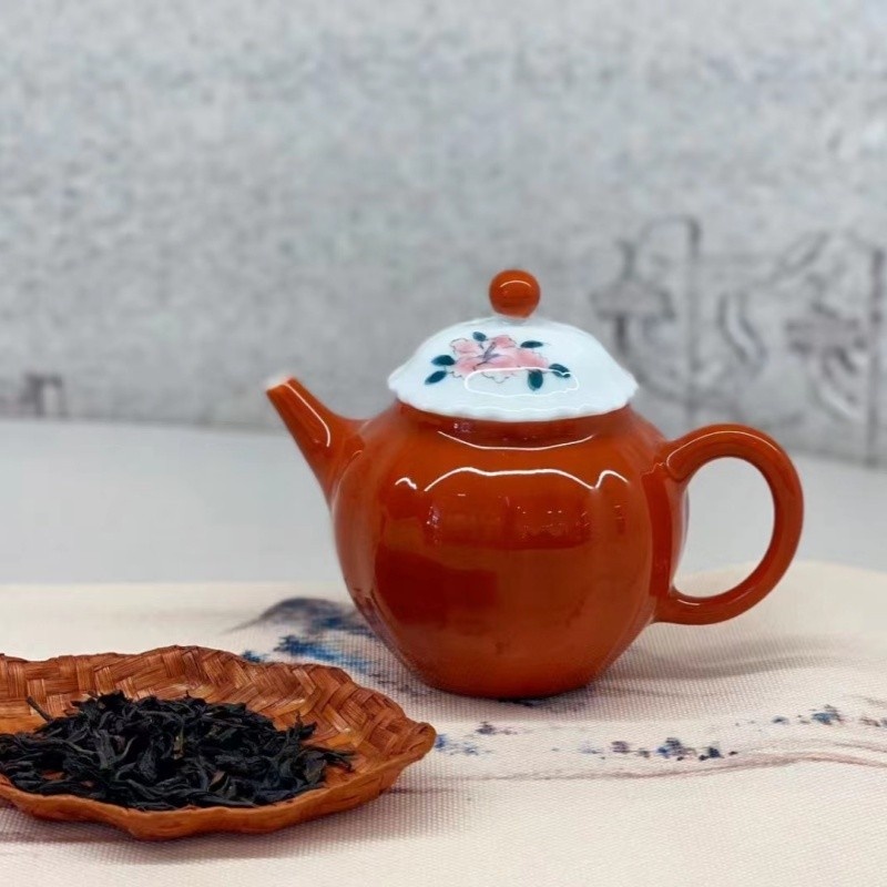 新功茶馆 人工手绘色釉瓜棱壶梨形壶泡茶单壶陶瓷茶壶