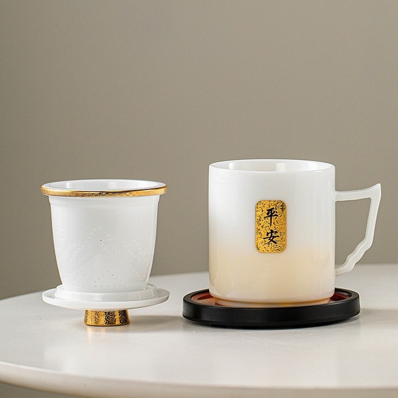 新功茶馆 中式泡茶杯茶水分离水杯高档家用个人杯冰种玉瓷办公杯马克杯