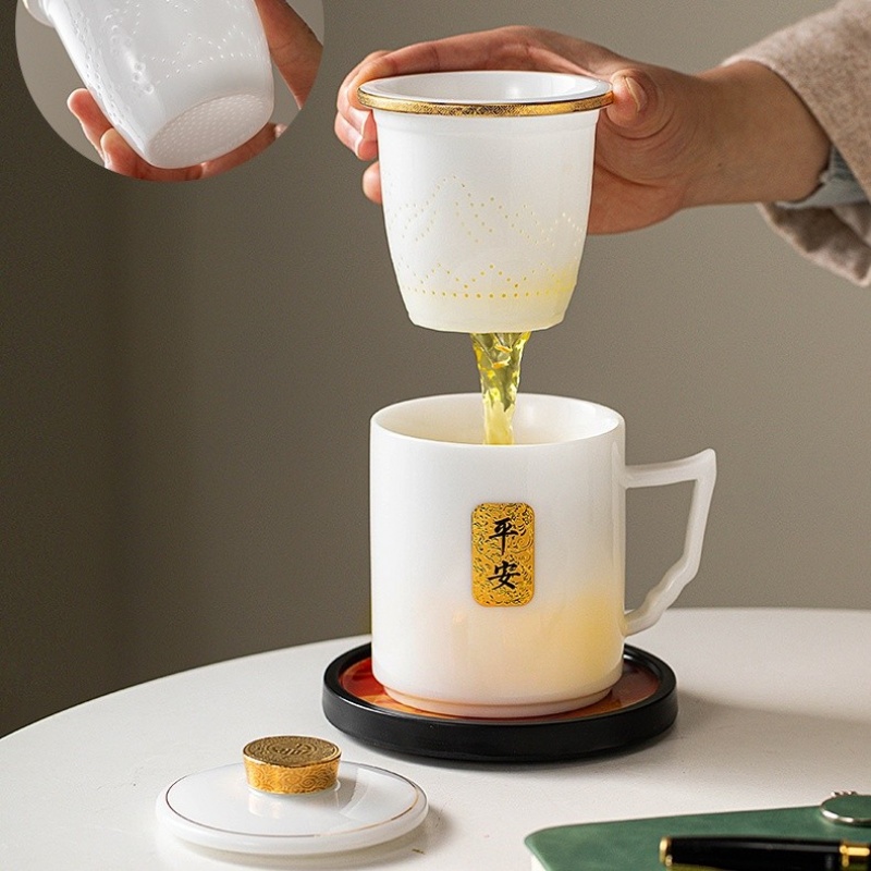 新功茶馆 中式泡茶杯茶水分离水杯高档家用个人杯冰种玉瓷办公杯马克杯
