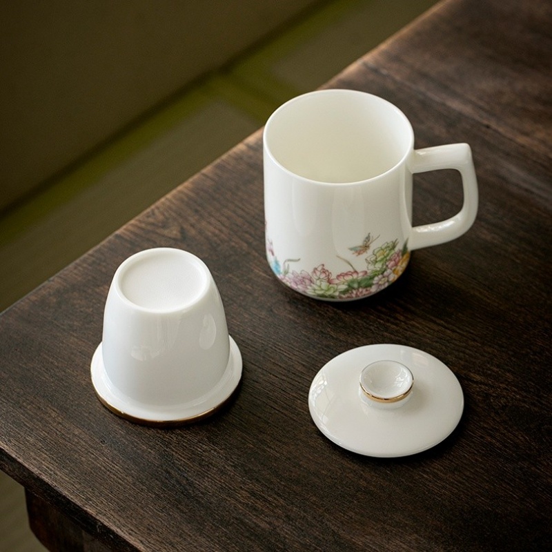 新功茶馆 羊脂玉白瓷水杯大容量陶瓷杯马克杯带盖泡茶杯