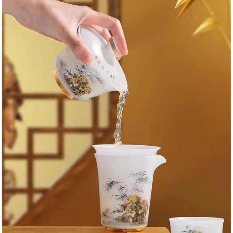 新功茶馆 金石富竹冰种羊脂玉玉瓷茶具套装10头轻奢泡茶具