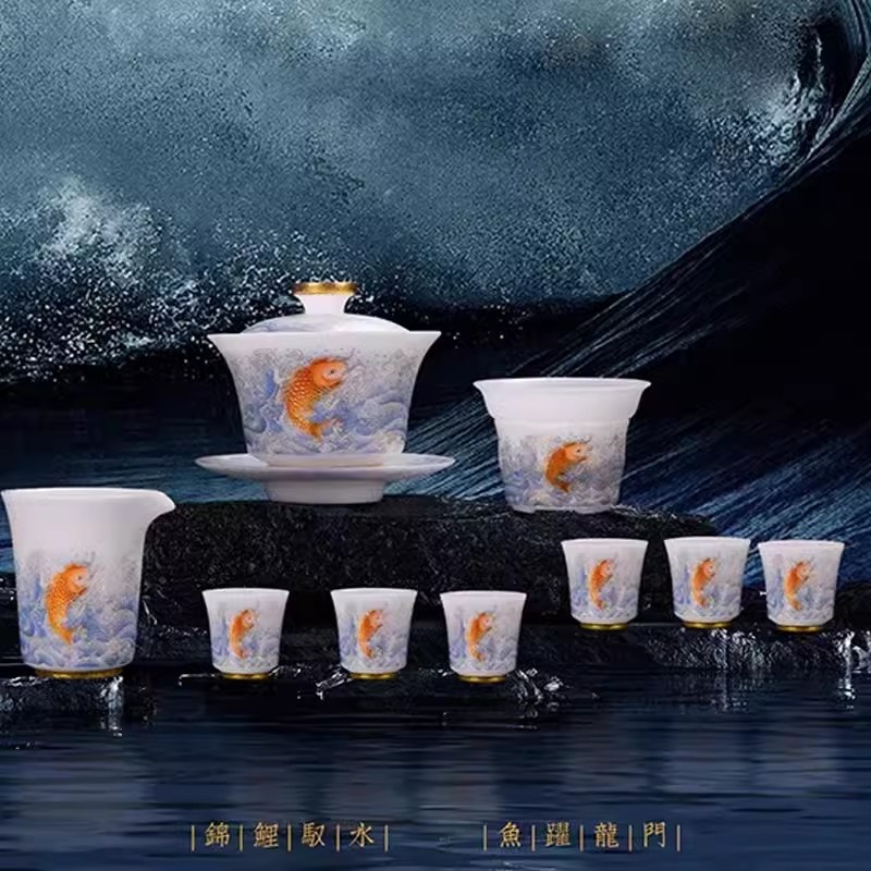 新功茶馆 冰种年年有余工夫茶具套组德化羊脂玉白瓷茶具陶瓷