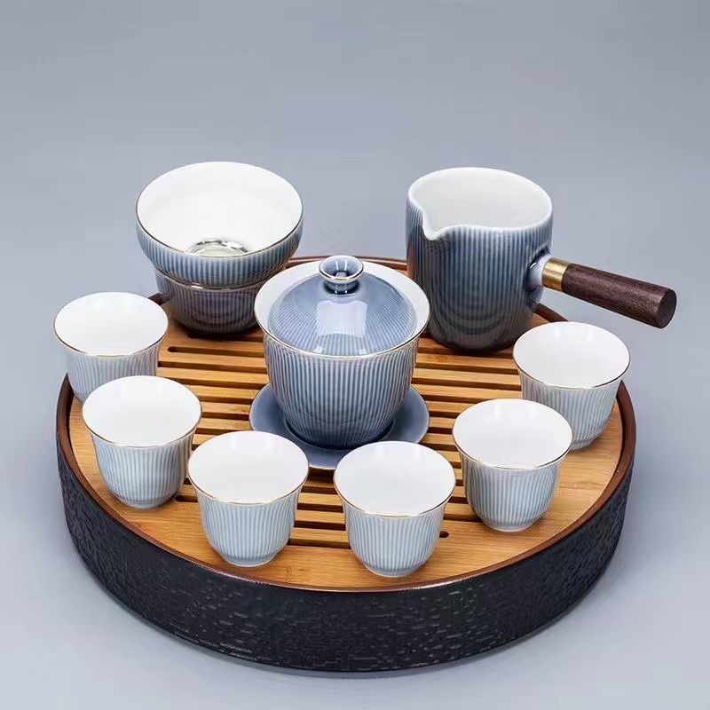 新功茶馆 马卡龙色简约陶瓷盖碗德化白瓷色釉八方旅行功夫茶具套组