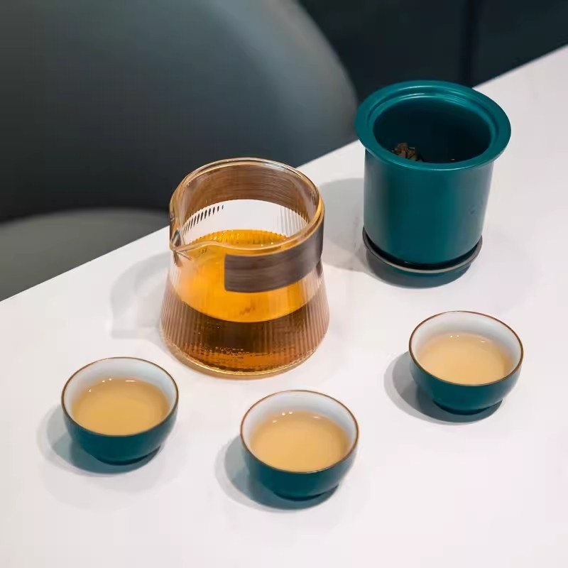 新功茶馆 观茶快客杯户外简约陶瓷玻璃一壶三杯便携式旅行茶具